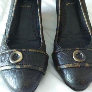 Fendi Black and Gold Leather Wedge Flats